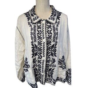Johnny Was White & Navy Embroidered Button-Up Linen Jacket With Pockets size M